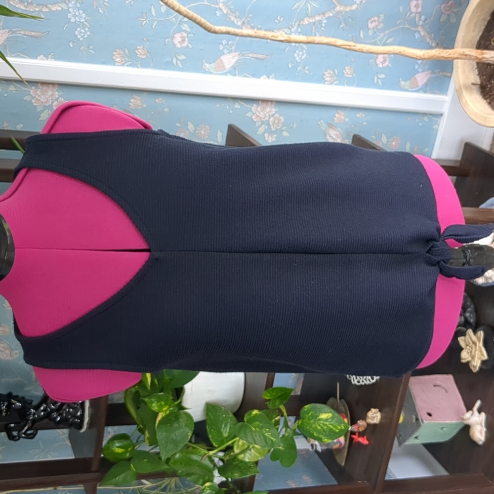 Loft Horizontal Rib Knit Tie Waist Tank Top Navy Petite S